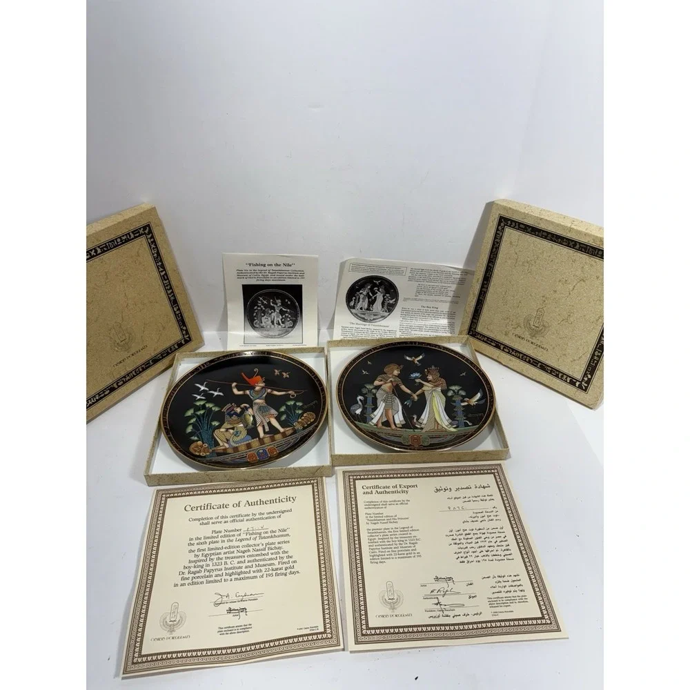 2‎ Osiris Porcelain Legend of Tutankhamun Plates Marriage + Fishing On The Nile